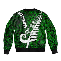 Personalized New Zealand Sleeve Zip Bomber Jacket Silver Fern and Maori Symbols Papua Shell Green Style LT03 - Polynesian Pride