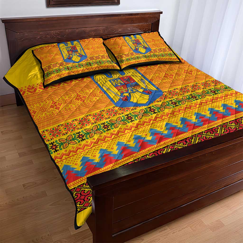 Romania Merry Christmas Quilt Bed Set Romania Emblem Traditional Folk Art - Polynesian Pride