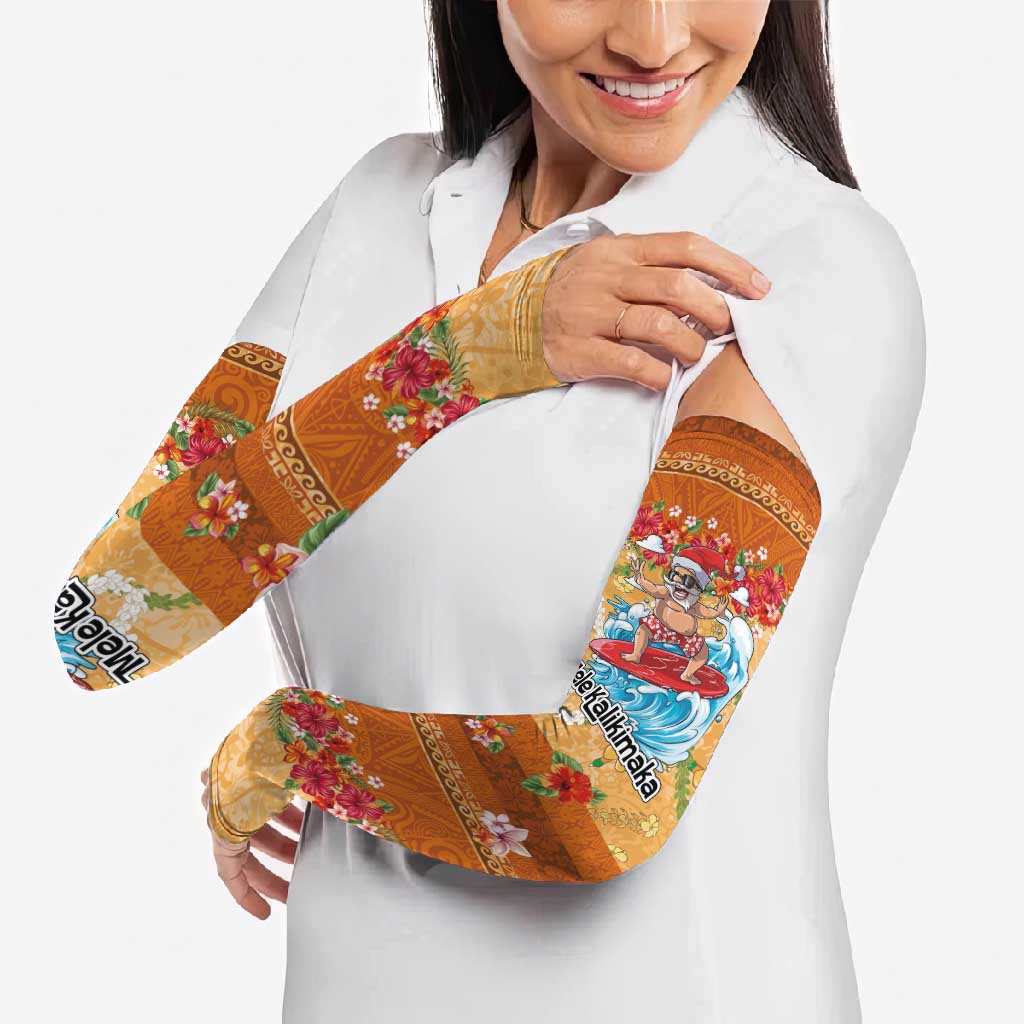 Hawaii Mele Kalikimaka Arm Sleeves Funny Santa Claus Surfing on Tropical Plants - Polynesian Pride