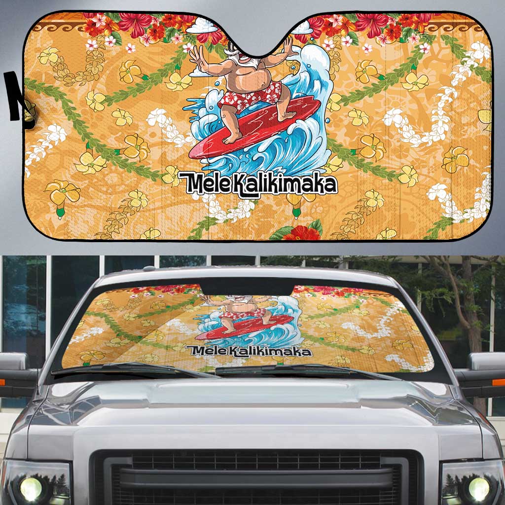 Hawaii Mele Kalikimaka Auto Sun Shade Funny Santa Claus Surfing on Tropical Plants - Polynesian Pride