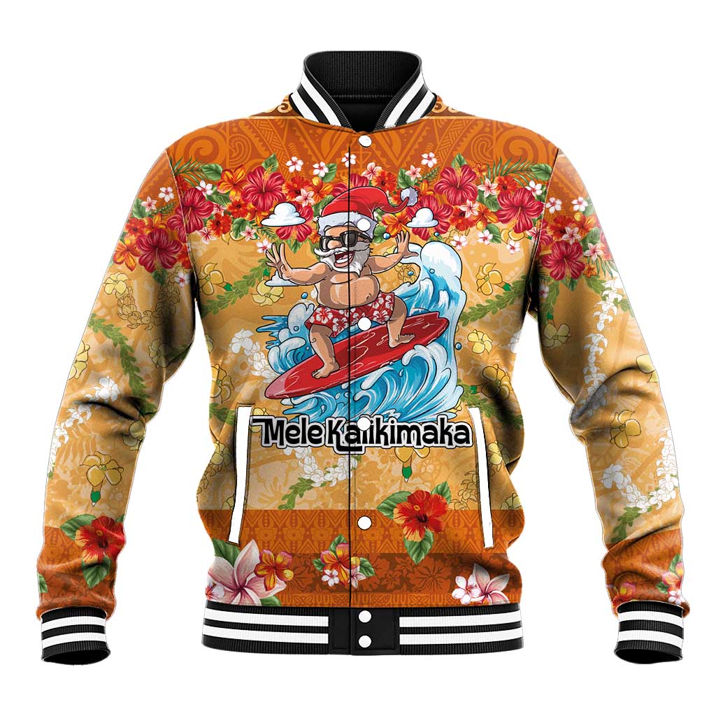 Hawaii Mele Kalikimaka Baseball Jacket Funny Santa Claus Surfing on Tropical Plants - Polynesian Pride