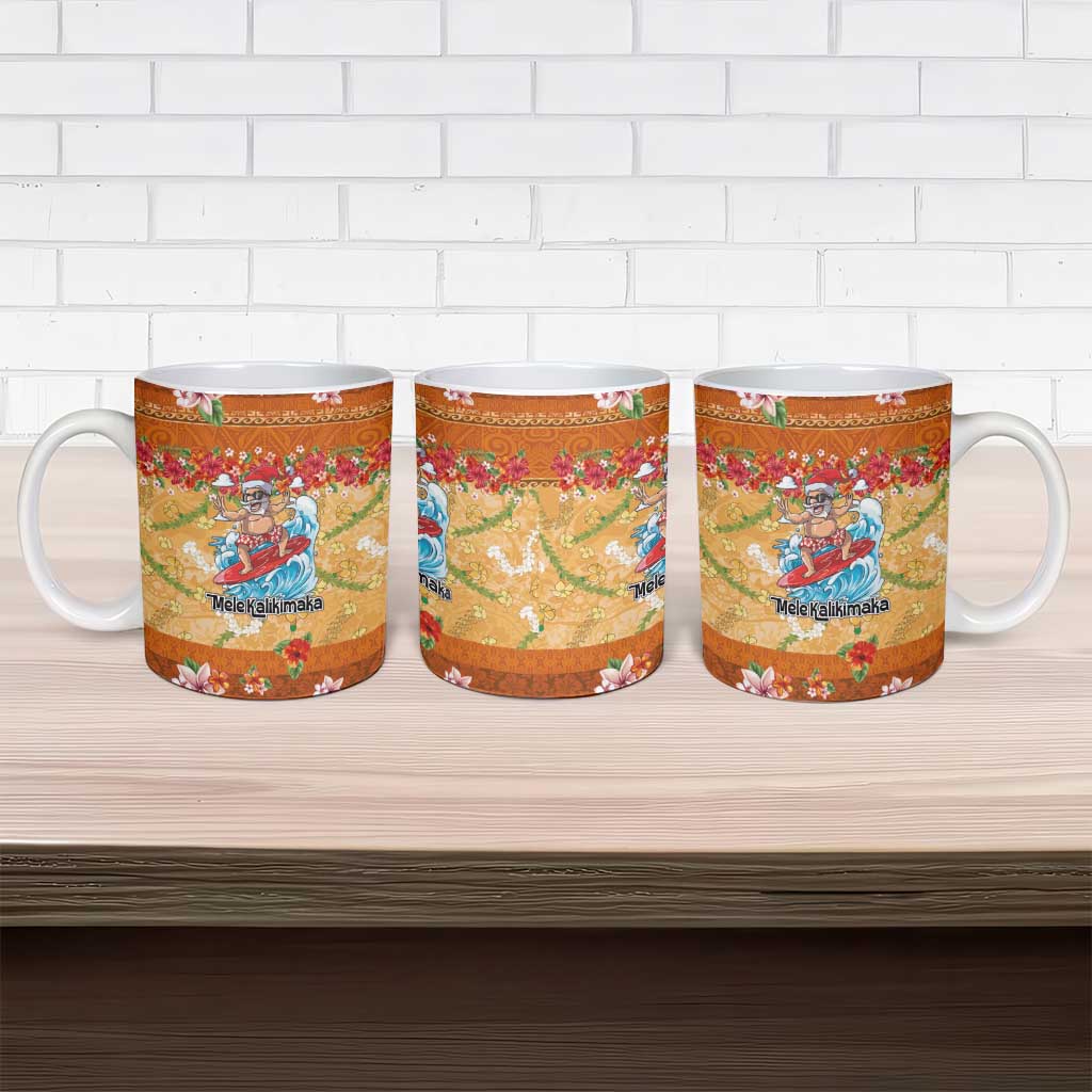 Hawaii Mele Kalikimaka Ceramic Mug Funny Santa Claus Surfing on Tropical Plants - Polynesian Pride