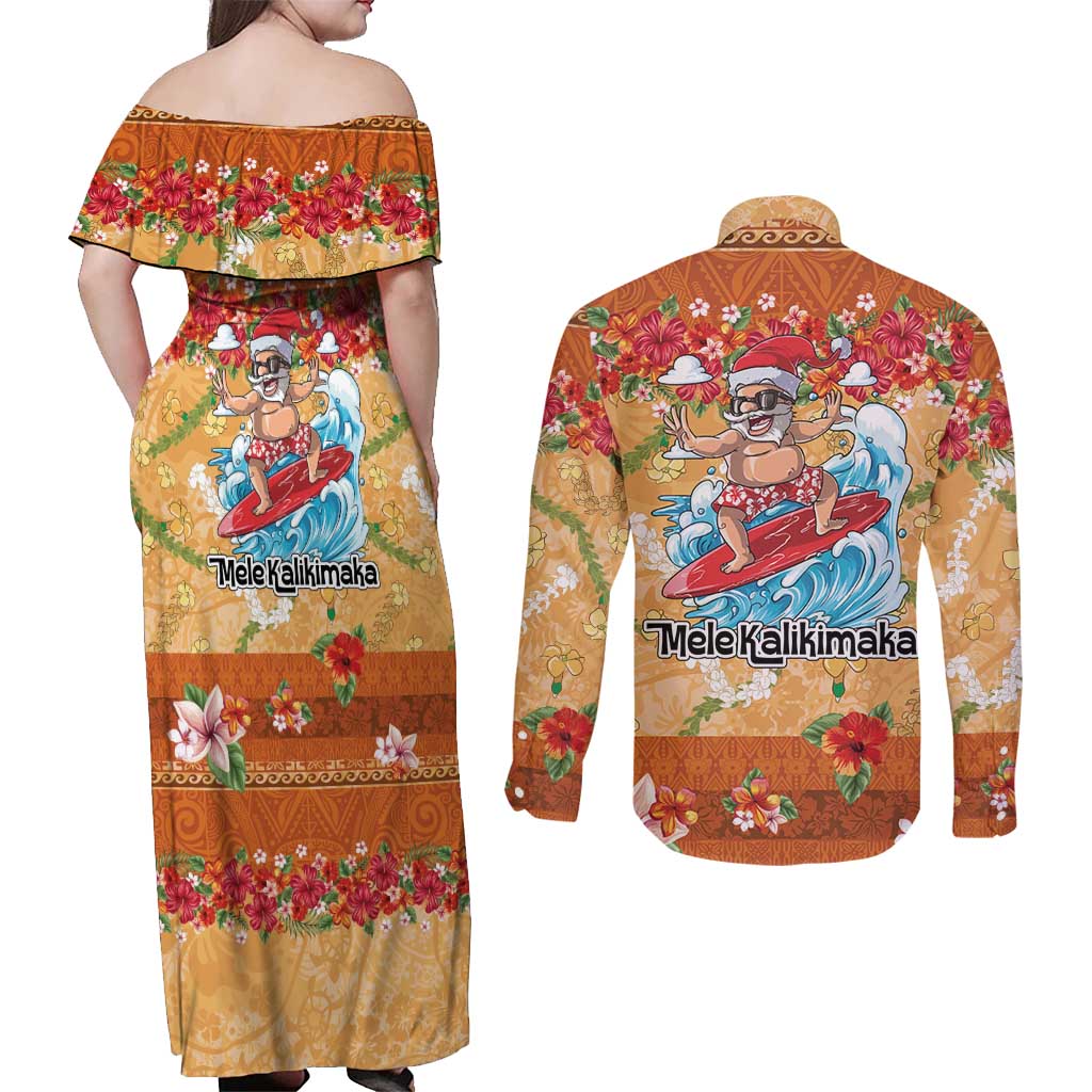 Hawaii Mele Kalikimaka Couples Matching Off Shoulder Maxi Dress and Long Sleeve Button Shirt Funny Santa Claus Surfing on Tropical Plants - Polynesian Pride