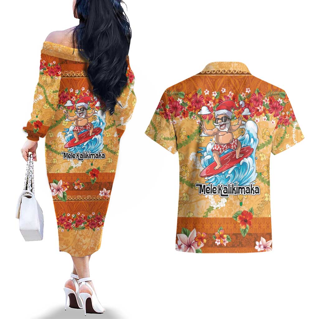 Hawaii Mele Kalikimaka Couples Matching Off The Shoulder Long Sleeve Dress and Hawaiian Shirt Funny Santa Claus Surfing on Tropical Plants - Polynesian Pride