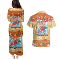 Hawaii Mele Kalikimaka Couples Matching Puletasi and Hawaiian Shirt Funny Santa Claus Surfing on Tropical Plants - Polynesian Pride