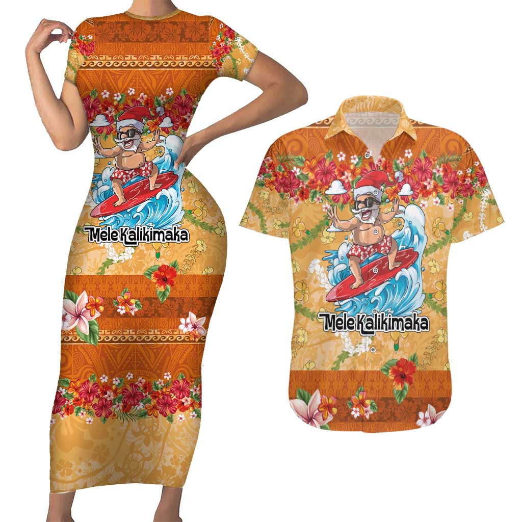 Hawaii Mele Kalikimaka Couples Matching Short Sleeve Bodycon Dress and Hawaiian Shirt Funny Santa Claus Surfing on Tropical Plants - Polynesian Pride
