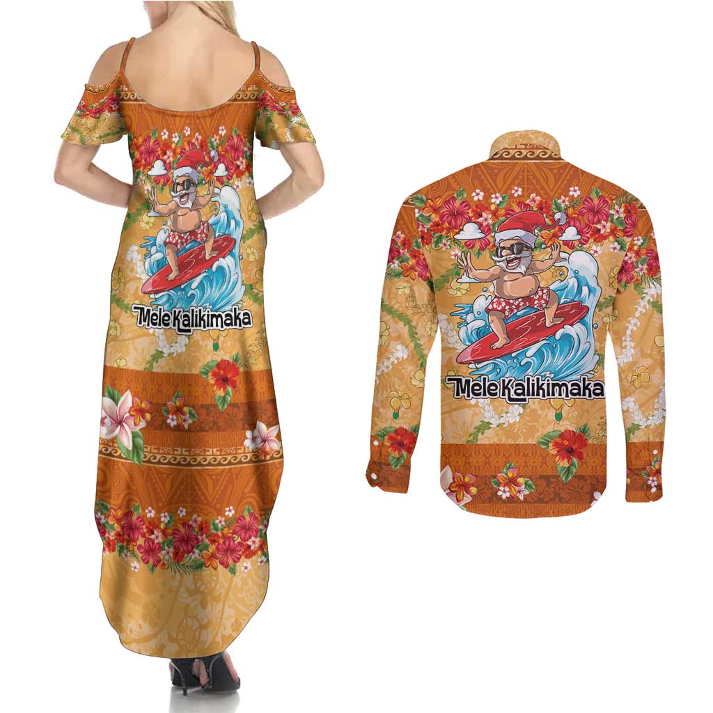 Hawaii Mele Kalikimaka Couples Matching Summer Maxi Dress and Long Sleeve Button Shirt Funny Santa Claus Surfing on Tropical Plants - Polynesian Pride