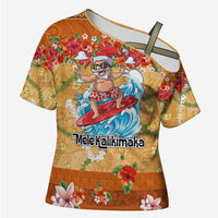 Hawaii Mele Kalikimaka Cross Shoulder Shirt Funny Santa Claus Surfing on Tropical Plants - Polynesian Pride