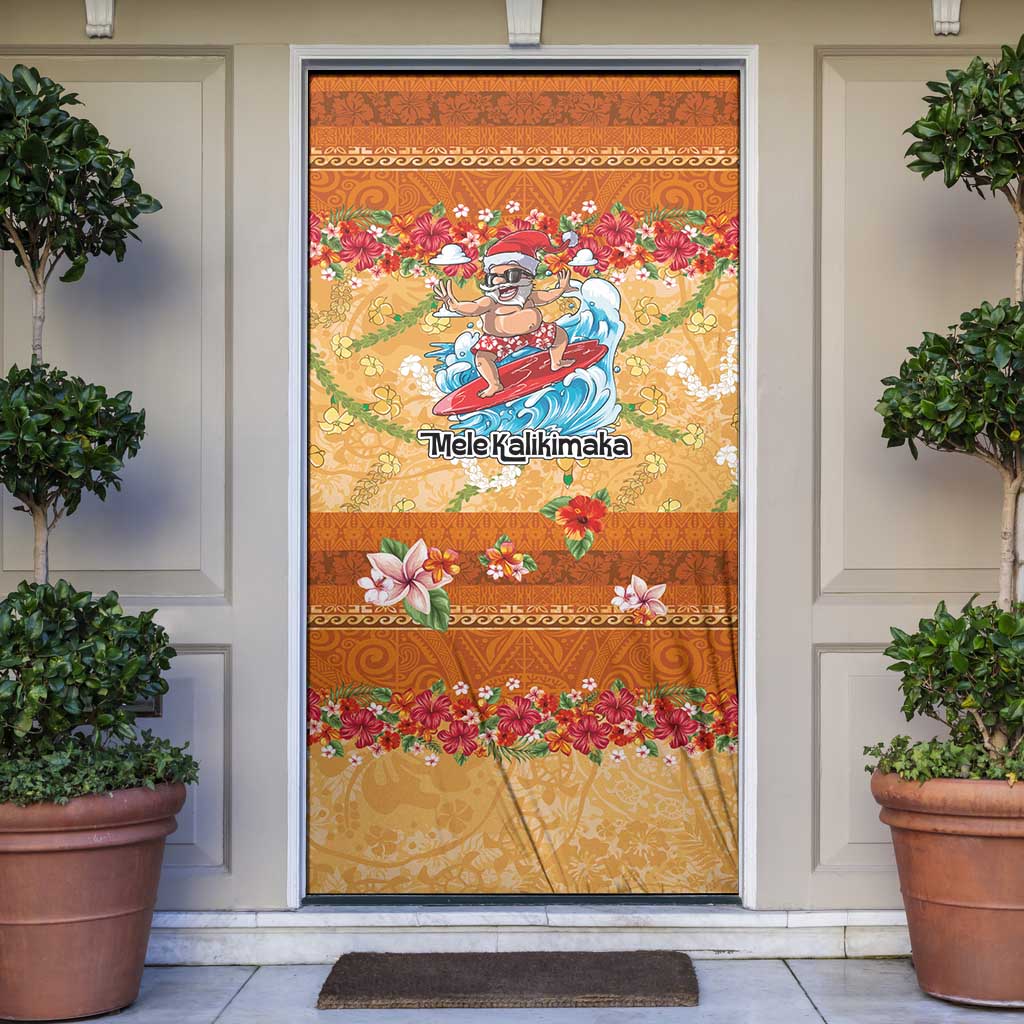 Hawaii Mele Kalikimaka Door Cover Funny Santa Claus Surfing on Tropical Plants - Polynesian Pride