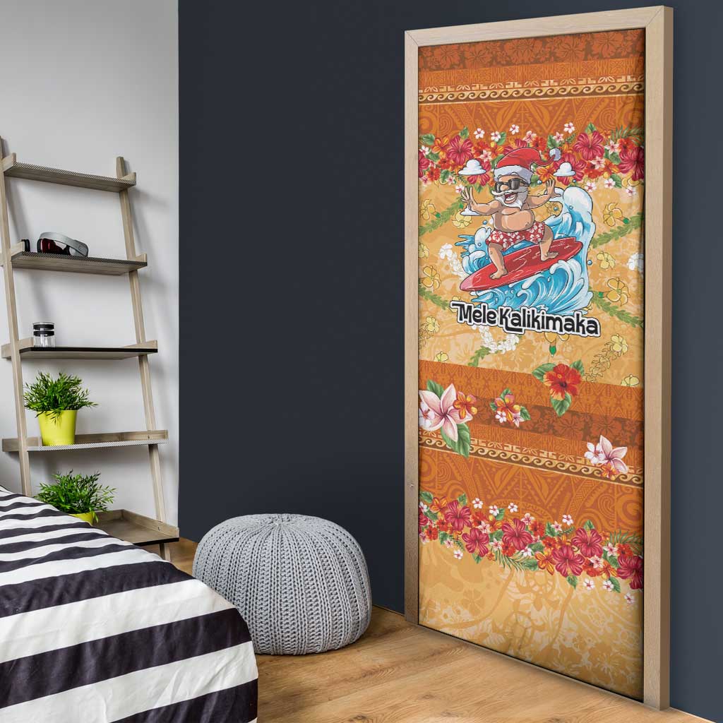 Hawaii Mele Kalikimaka Door Cover Funny Santa Claus Surfing on Tropical Plants - Polynesian Pride