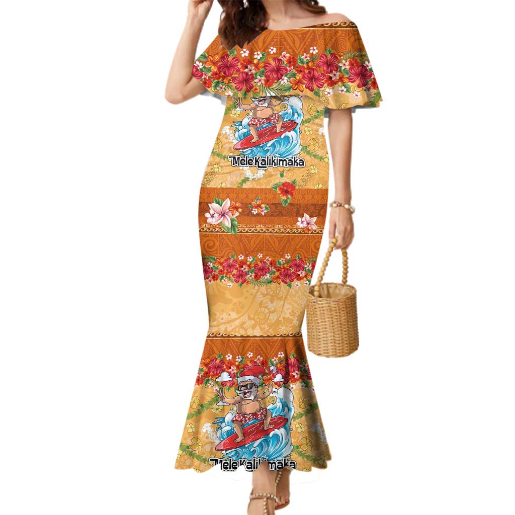 Hawaii Mele Kalikimaka Family Matching Mermaid Dress and Hawaiian Shirt Funny Santa Claus Surfing on Tropical Plants - Polynesian Pride