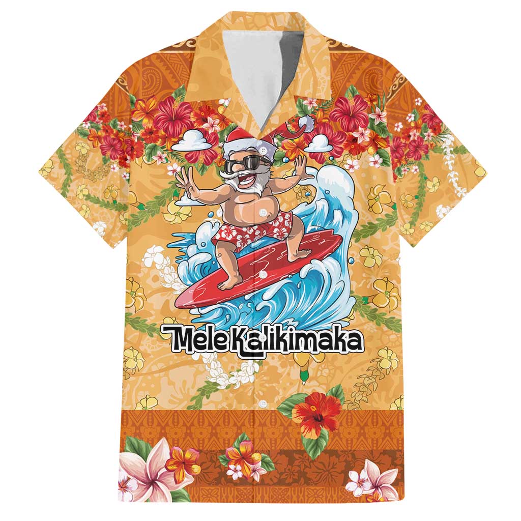Hawaii Mele Kalikimaka Family Matching Off Shoulder Short Dress and Hawaiian Shirt Funny Santa Claus Surfing on Tropical Plants - Polynesian Pride