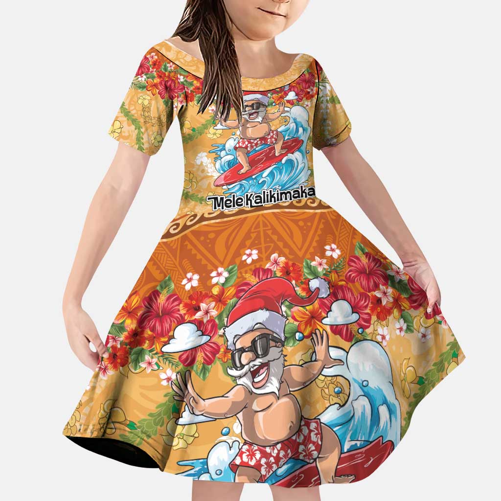 Hawaii Mele Kalikimaka Family Matching Puletasi and Hawaiian Shirt Funny Santa Claus Surfing on Tropical Plants LT03 Daughter's Dress Multicolor - Polynesian Pride