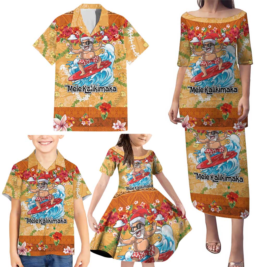 Hawaii Mele Kalikimaka Family Matching Puletasi and Hawaiian Shirt Funny Santa Claus Surfing on Tropical Plants - Polynesian Pride