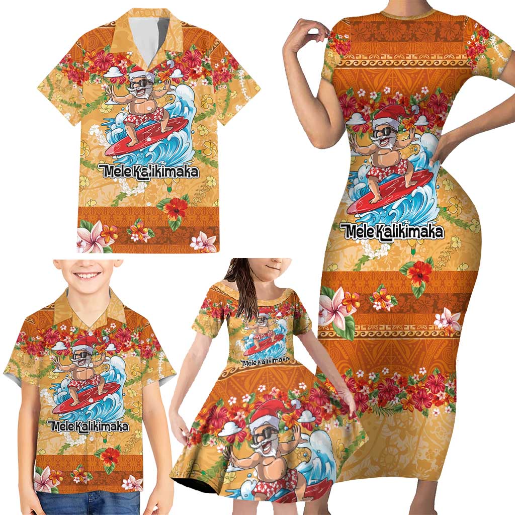 Hawaii Mele Kalikimaka Family Matching Short Sleeve Bodycon Dress and Hawaiian Shirt Funny Santa Claus Surfing on Tropical Plants - Polynesian Pride