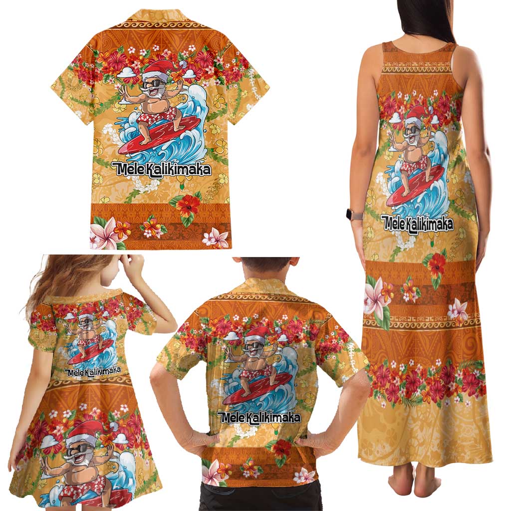 Hawaii Mele Kalikimaka Family Matching Tank Maxi Dress and Hawaiian Shirt Funny Santa Claus Surfing on Tropical Plants - Polynesian Pride