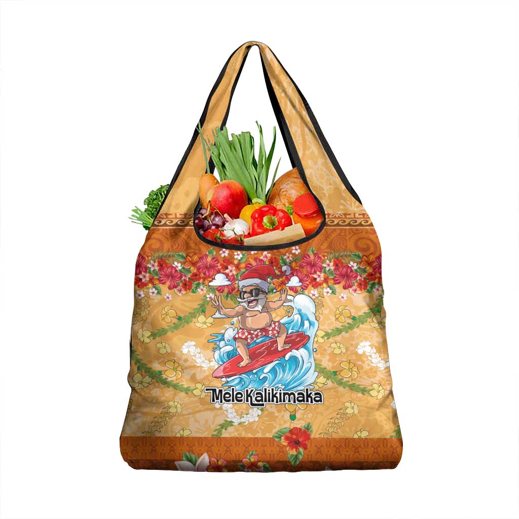 Hawaii Mele Kalikimaka Grocery Bag Funny Santa Claus Surfing on Tropical Plants - Polynesian Pride