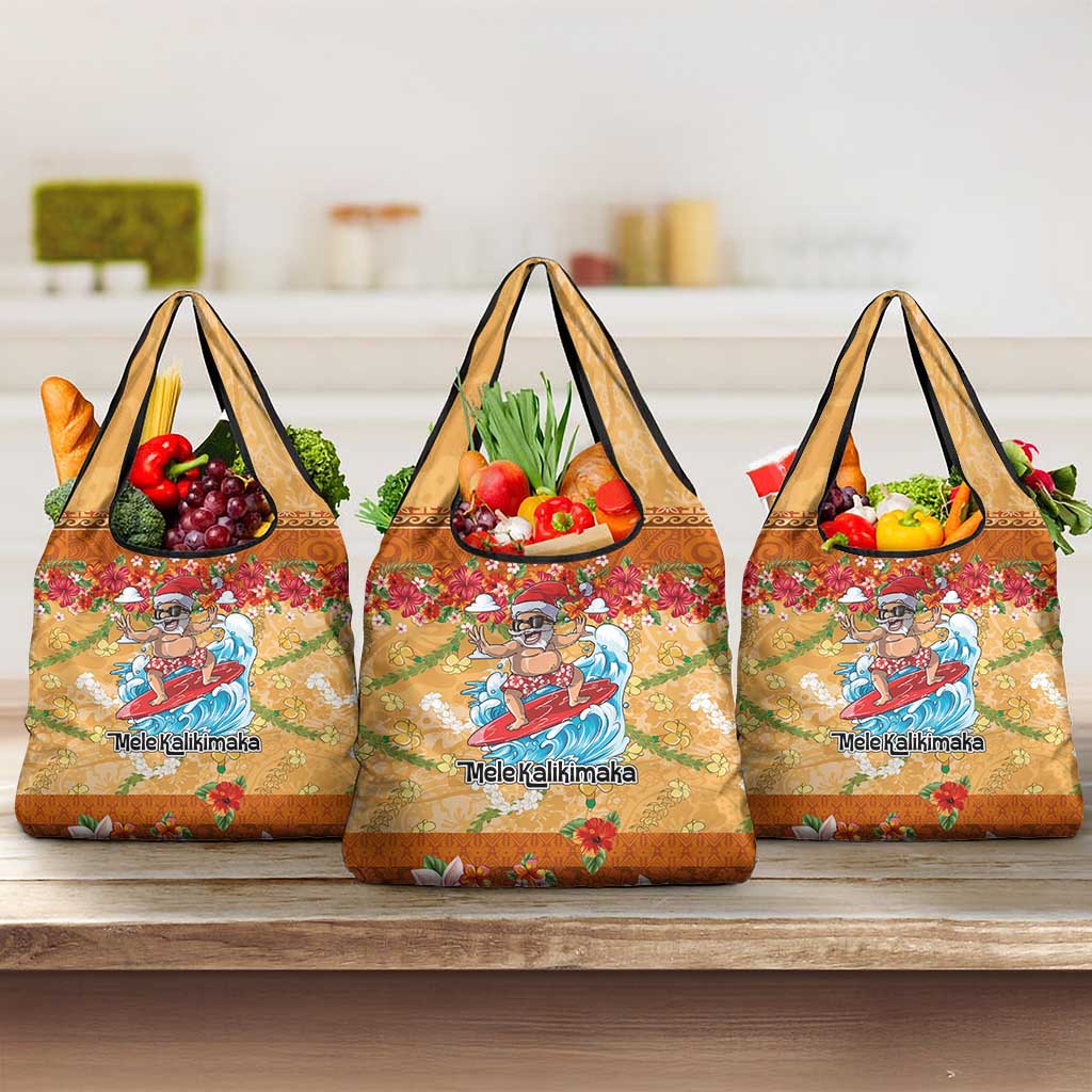 Hawaii Mele Kalikimaka Grocery Bag Funny Santa Claus Surfing on Tropical Plants - Polynesian Pride