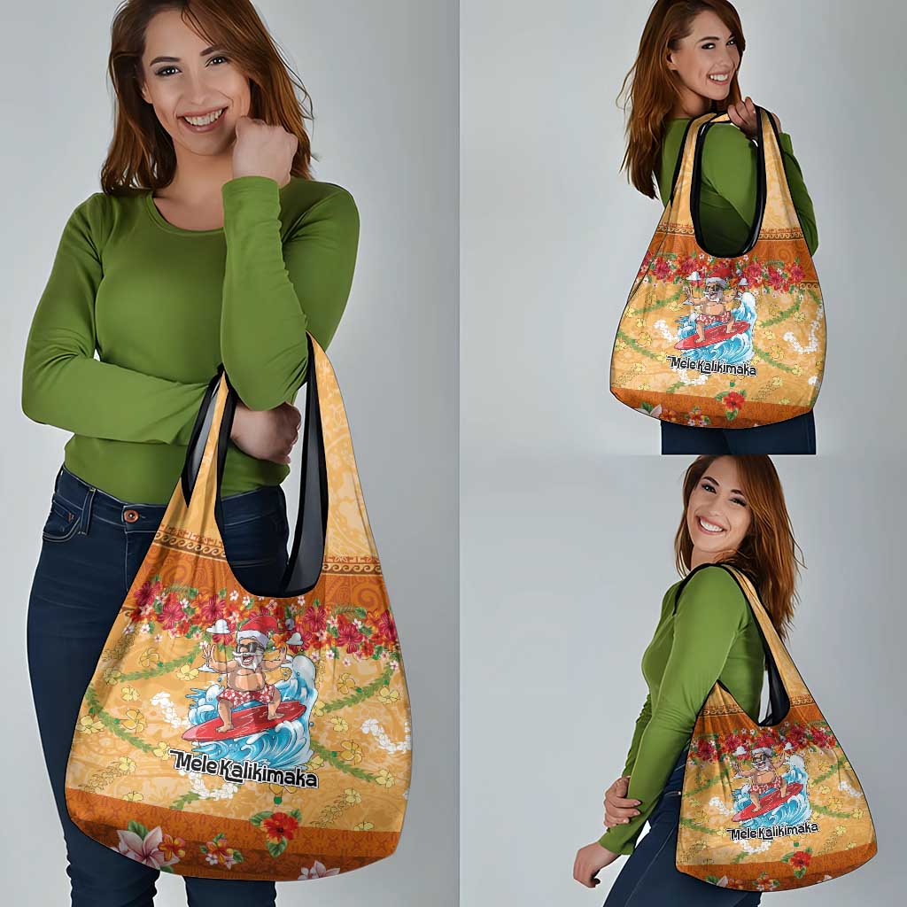 Hawaii Mele Kalikimaka Grocery Bag Funny Santa Claus Surfing on Tropical Plants - Polynesian Pride