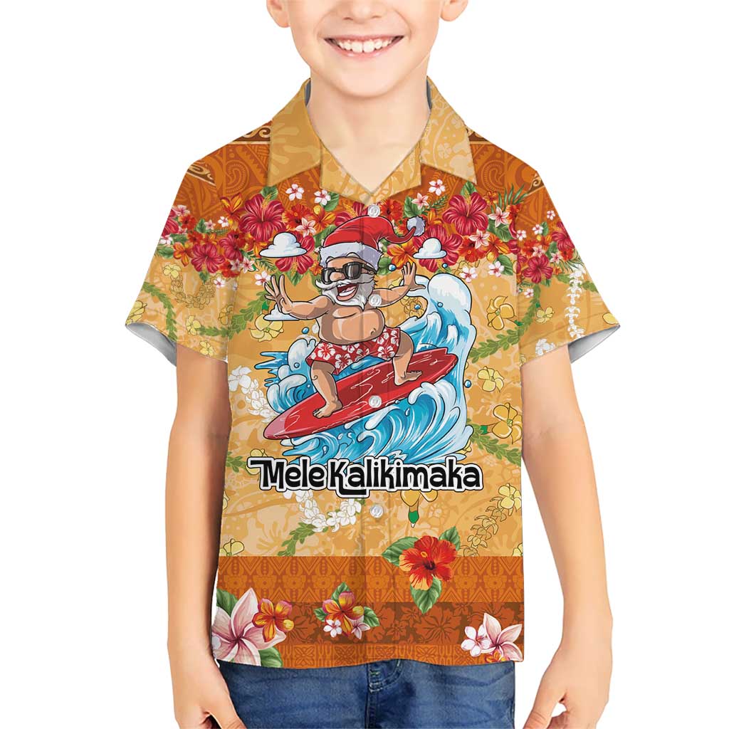 Hawaii Mele Kalikimaka Kid Hawaiian Shirt Funny Santa Claus Surfing on Tropical Plants - Polynesian Pride