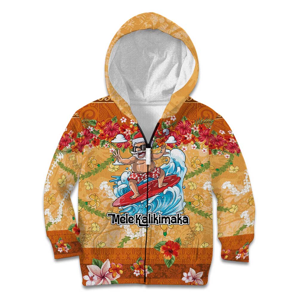 Hawaii Mele Kalikimaka Kid Hoodie Funny Santa Claus Surfing on Tropical Plants - Polynesian Pride
