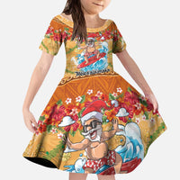 Hawaii Mele Kalikimaka Kid Short Sleeve Dress Funny Santa Claus Surfing on Tropical Plants - Polynesian Pride