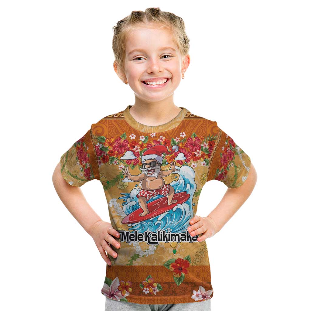 Hawaii Mele Kalikimaka Kid T Shirt Funny Santa Claus Surfing on Tropical Plants - Polynesian Pride