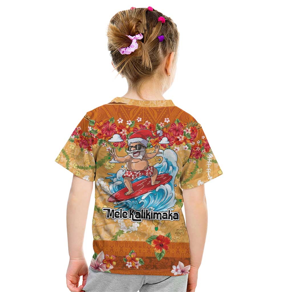 Hawaii Mele Kalikimaka Kid T Shirt Funny Santa Claus Surfing on Tropical Plants - Polynesian Pride