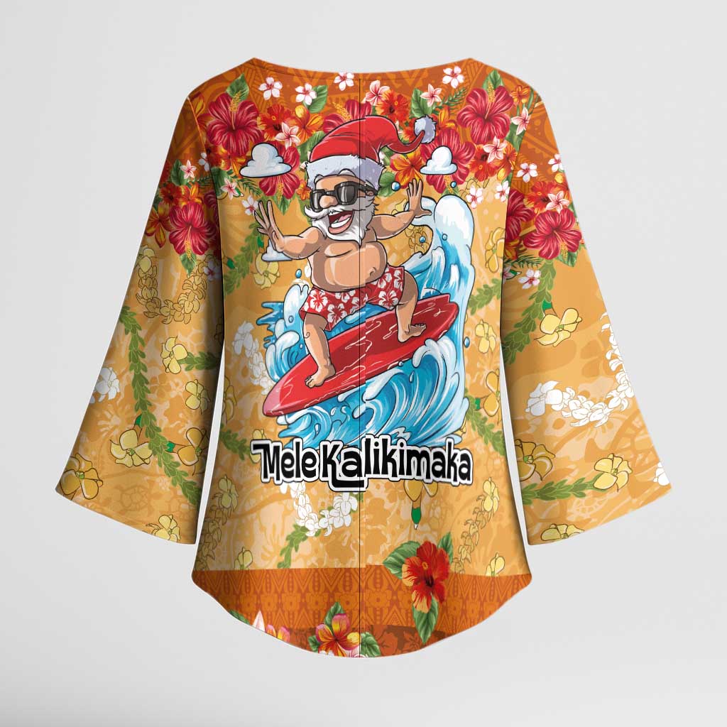 Hawaii Mele Kalikimaka Kimono Sleeve Blouse Funny Santa Claus Surfing on Tropical Plants - Polynesian Pride