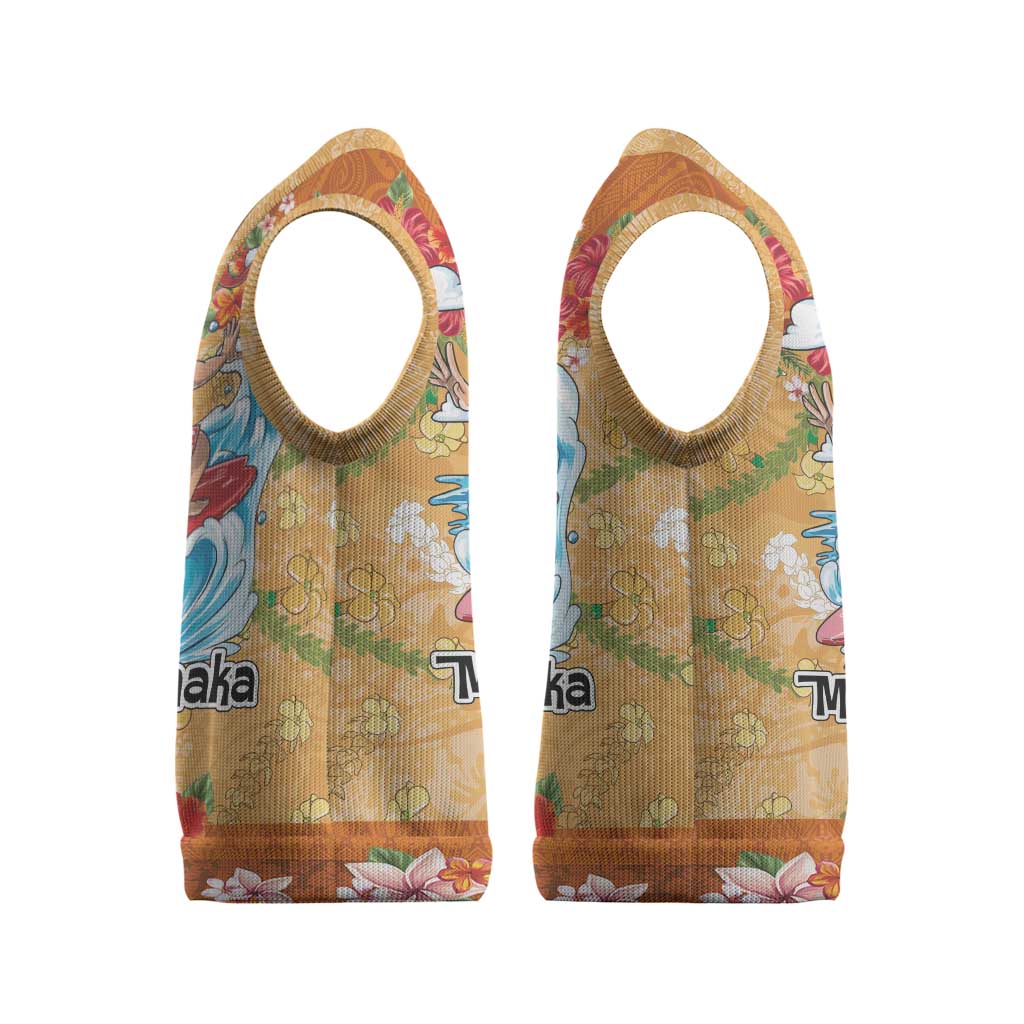 Hawaii Mele Kalikimaka Christmas Knitted V-Neck Vest Funny Santa Claus Surfing on Tropical Plants - Polynesian Pride