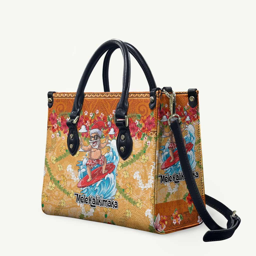 Hawaii Mele Kalikimaka Leather Bag Funny Santa Claus Surfing on Tropical Plants - Polynesian Pride