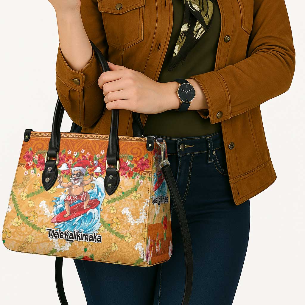 Hawaii Mele Kalikimaka Leather Bag Funny Santa Claus Surfing on Tropical Plants - Polynesian Pride