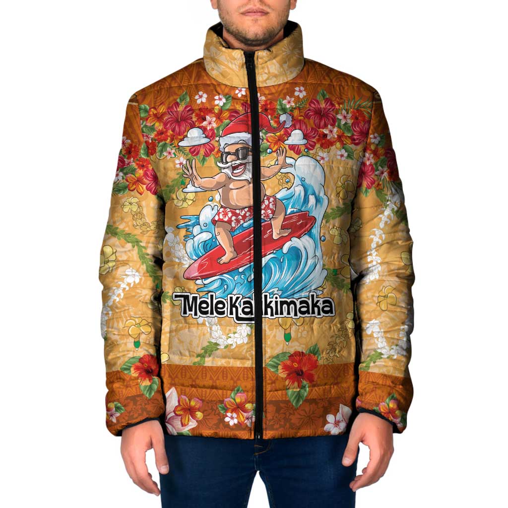 Hawaii Mele Kalikimaka Padded Jacket Funny Santa Claus Surfing on Tropical Plants - Polynesian Pride