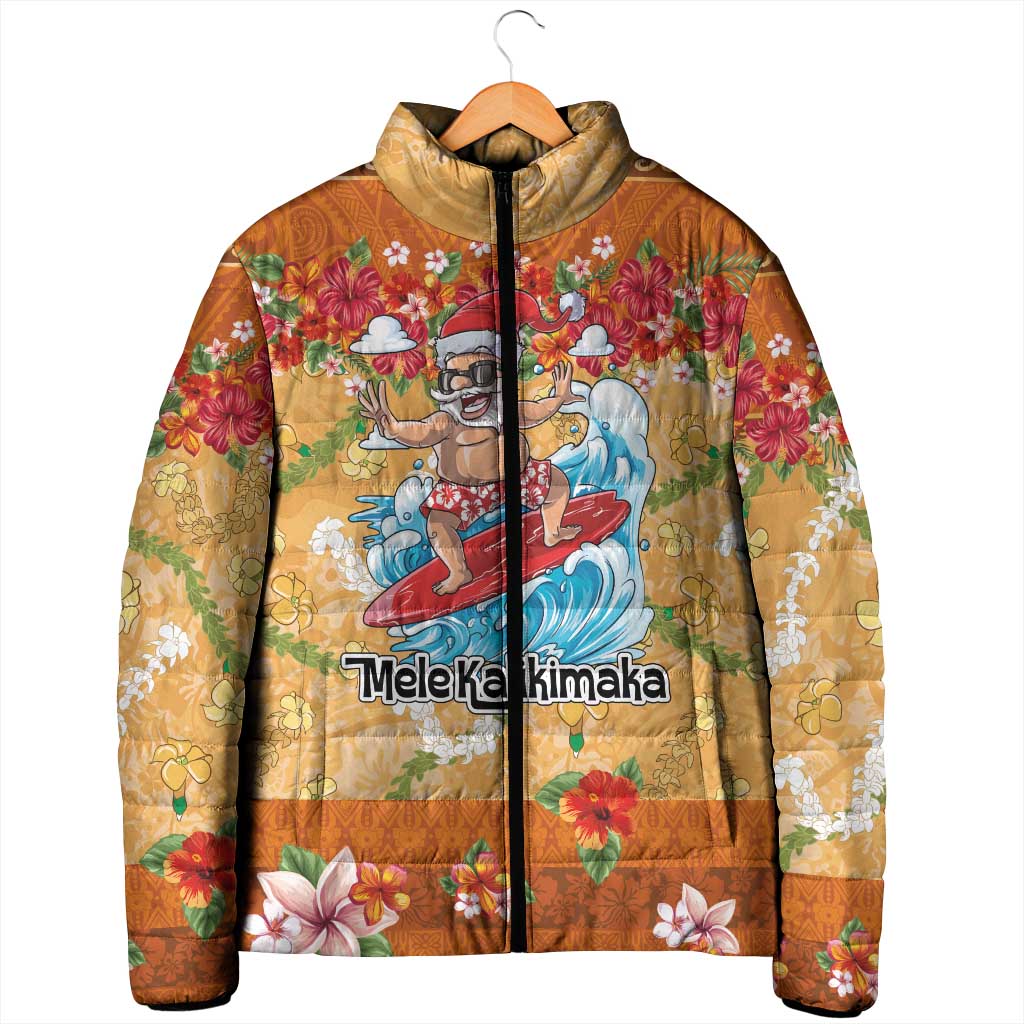 Hawaii Mele Kalikimaka Padded Jacket Funny Santa Claus Surfing on Tropical Plants - Polynesian Pride