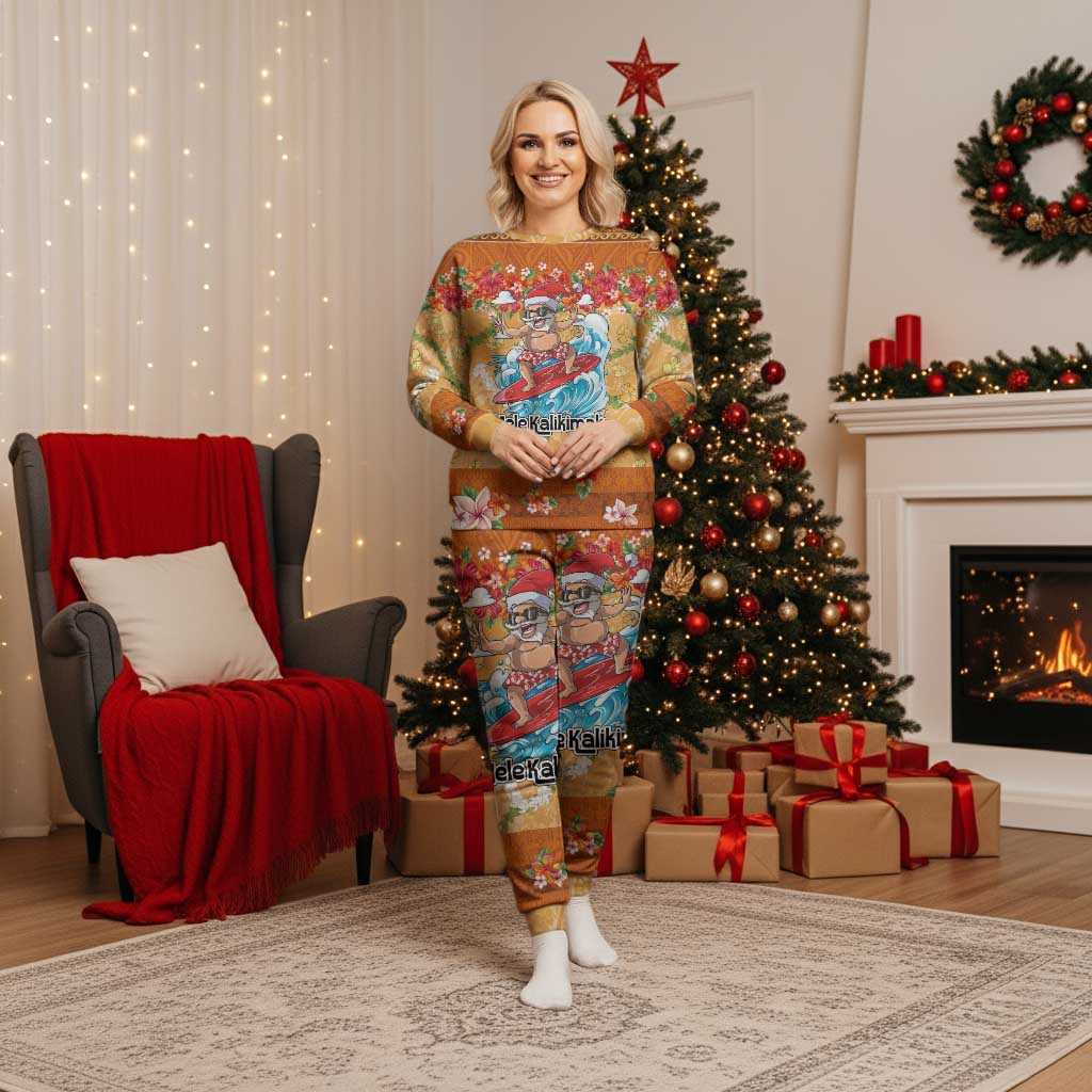 Hawaii Mele Kalikimaka Christmas Pajama Set Funny Santa Claus Surfing on Tropical Plants - Polynesian Pride
