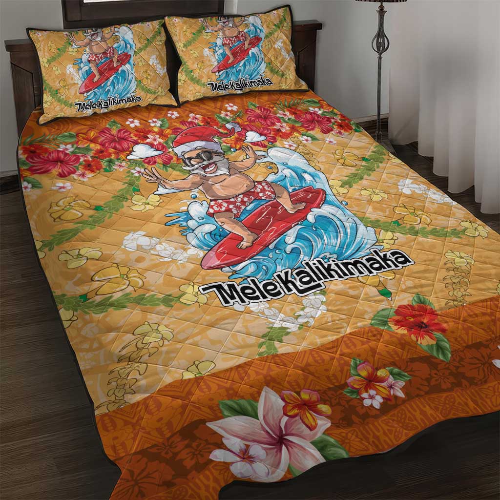 Hawaii Mele Kalikimaka Quilt Bed Set Funny Santa Claus Surfing on Tropical Plants - Polynesian Pride