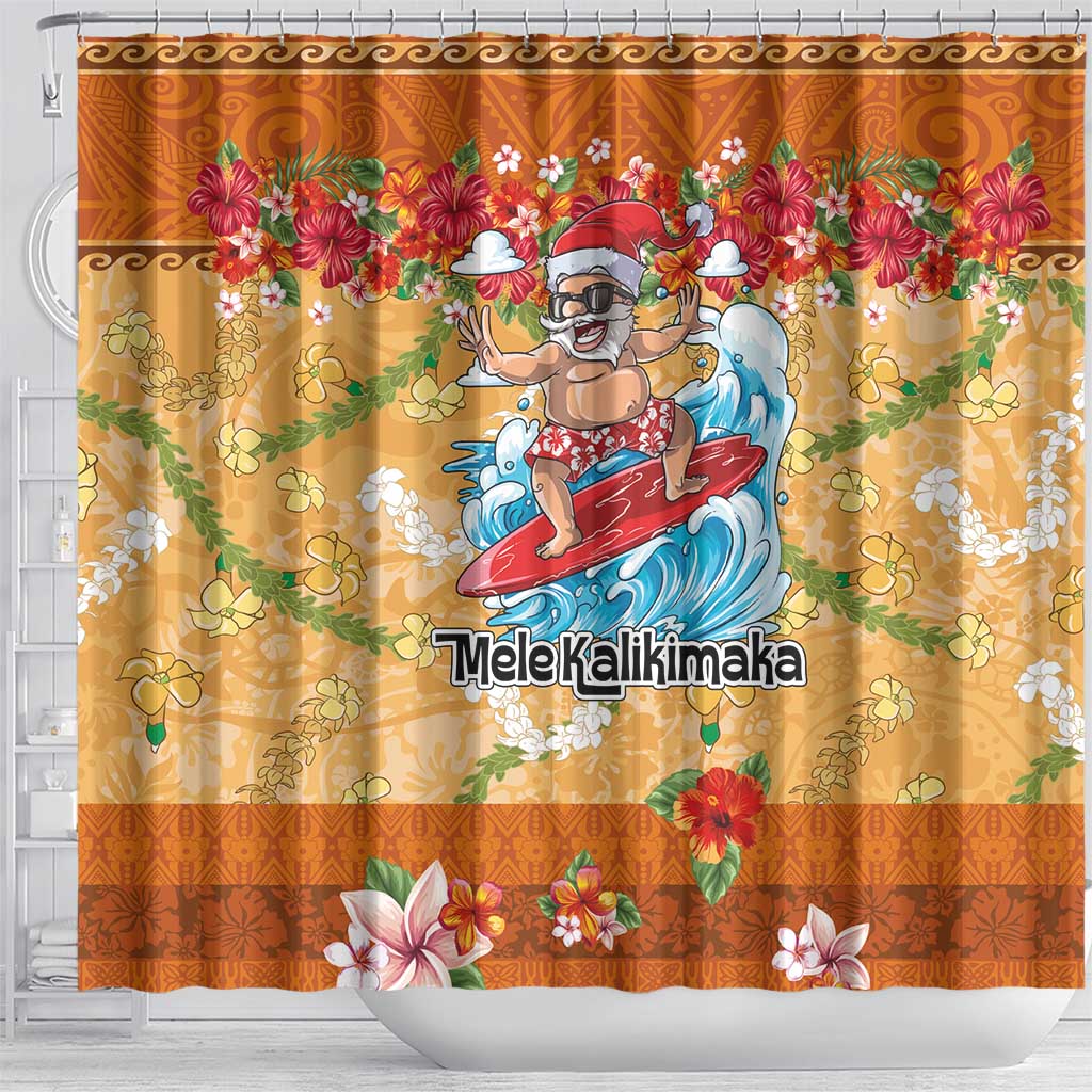 Hawaii Mele Kalikimaka Shower Curtain Funny Santa Claus Surfing on Tropical Plants - Polynesian Pride
