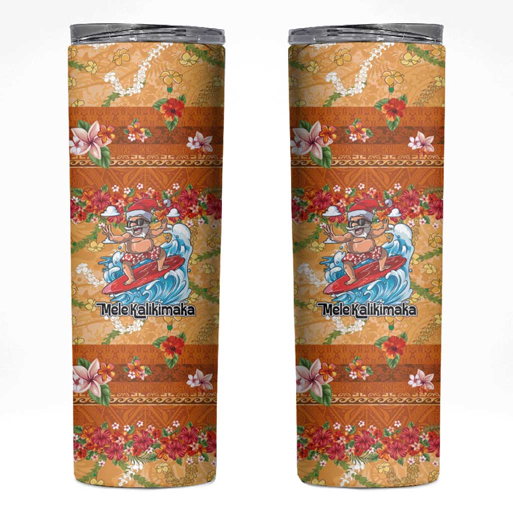 Hawaii Mele Kalikimaka Skinny Tumbler Funny Santa Claus Surfing on Tropical Plants - Polynesian Pride