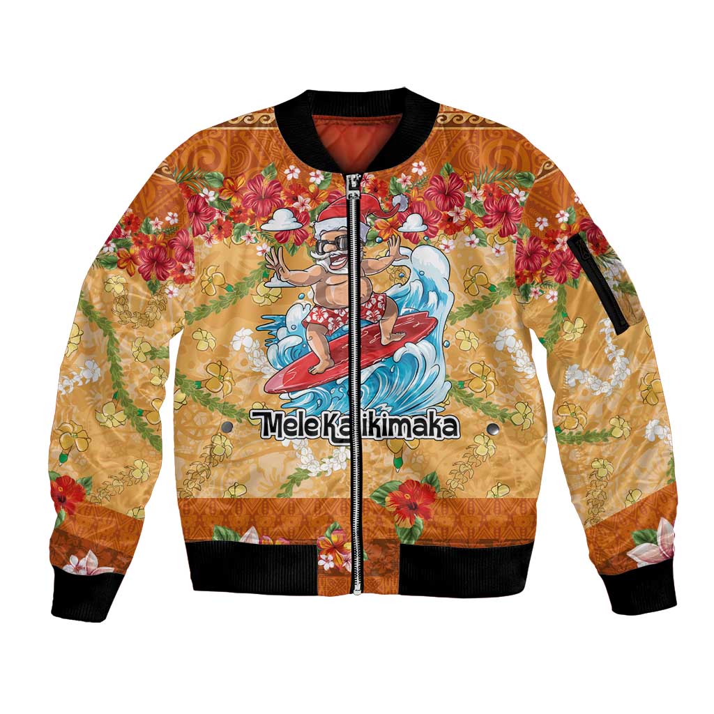 Hawaii Mele Kalikimaka Sleeve Zip Bomber Jacket Funny Santa Claus Surfing on Tropical Plants - Polynesian Pride