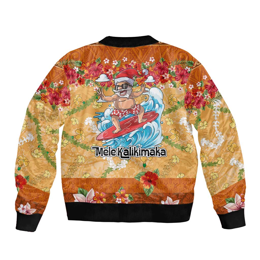 Hawaii Mele Kalikimaka Sleeve Zip Bomber Jacket Funny Santa Claus Surfing on Tropical Plants - Polynesian Pride