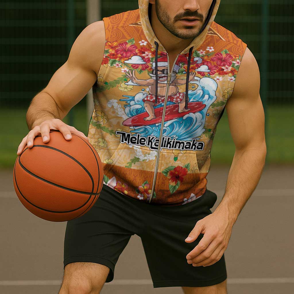 Hawaii Mele Kalikimaka Sleeveless Zip Hoodie Funny Santa Claus Surfing on Tropical Plants - Polynesian Pride