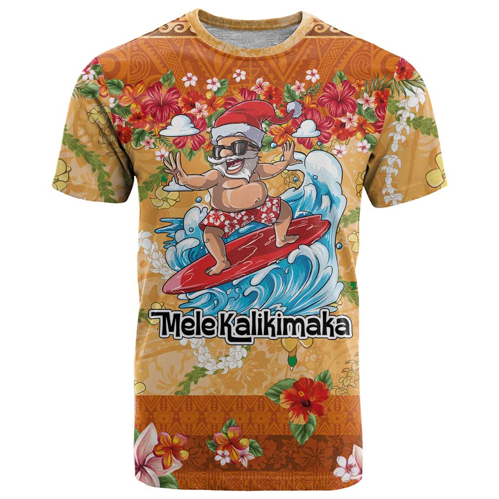 Hawaii Mele Kalikimaka T Shirt Funny Santa Claus Surfing on Tropical Plants - Polynesian Pride
