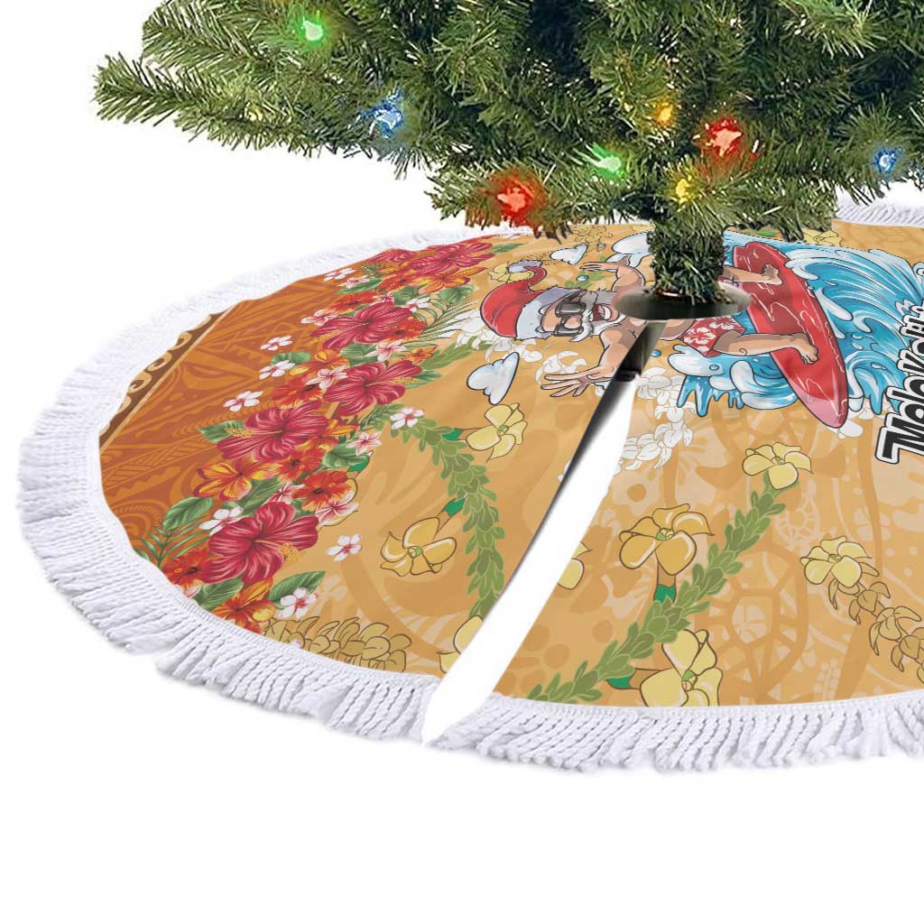 Hawaii Mele Kalikimaka Tree Skirt Funny Santa Claus Surfing on Tropical Plants - Polynesian Pride