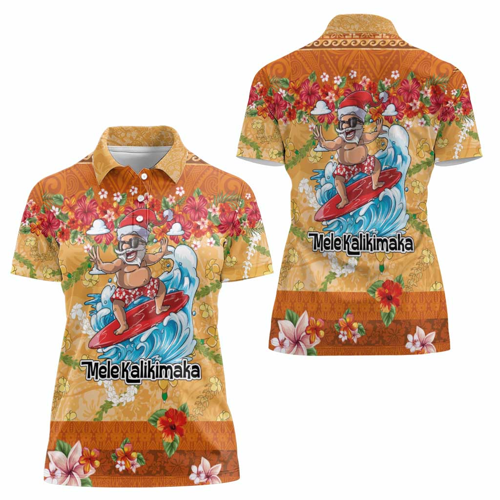 Hawaii Mele Kalikimaka Women Polo Shirt Funny Santa Claus Surfing on Tropical Plants - Polynesian Pride