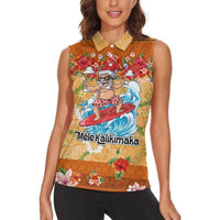 Hawaii Mele Kalikimaka Women Sleeveless Polo Shirt Funny Santa Claus Surfing on Tropical Plants - Polynesian Pride