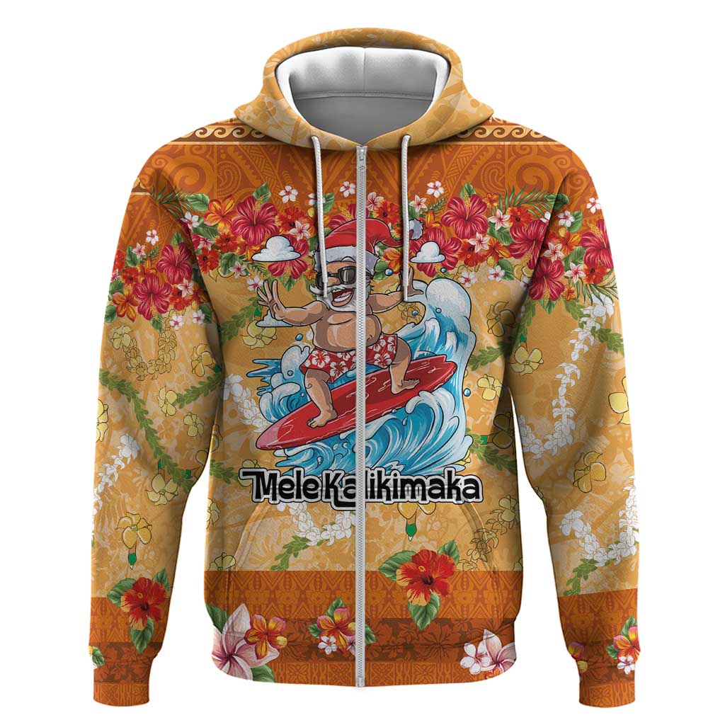 Hawaii Mele Kalikimaka Zip Hoodie Funny Santa Claus Surfing on Tropical Plants - Polynesian Pride