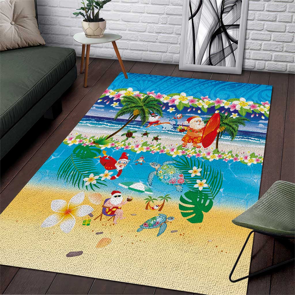 Polynesian Merry Christmas Area Rug Funny Santa Beach Tropical Plant and Turtle - Polynesian Pride