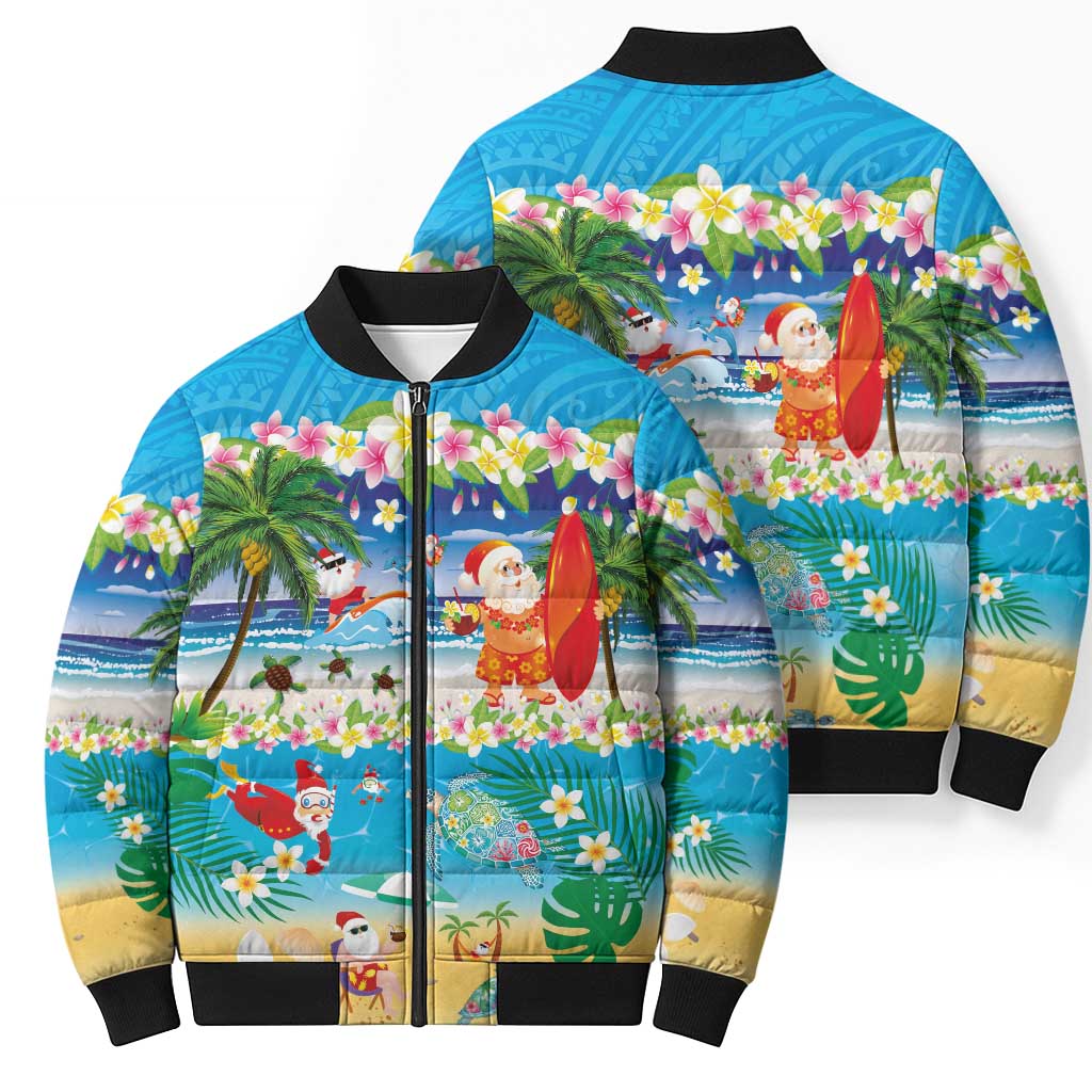 Polynesian Merry Christmas Bomber Puffer Jacket Funny Santa Beach Tropical Plant and Turtle - Polynesian Pride
