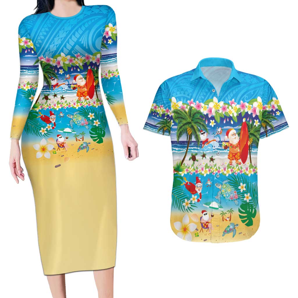 Polynesian Merry Christmas Couples Matching Long Sleeve Bodycon Dress and Hawaiian Shirt Funny Santa Beach Tropical Plant and Turtle - Polynesian Pride