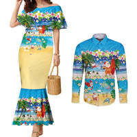 Polynesian Merry Christmas Couples Matching Mermaid Dress and Long Sleeve Button Shirt Funny Santa Beach Tropical Plant and Turtle - Polynesian Pride
